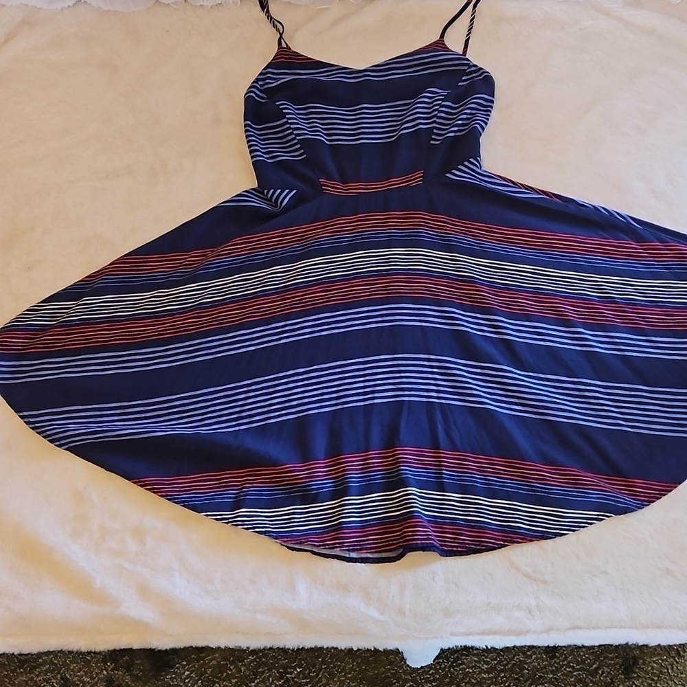 Old Navy patriotic mini dress petite blue scrunch Bach geometric design stripes - Picture 14 of 17
